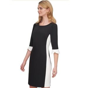 DKNY NWT -1233 Black Ivory Colorblock Sheath Dress 3/4 Bell Sleeve Size 8